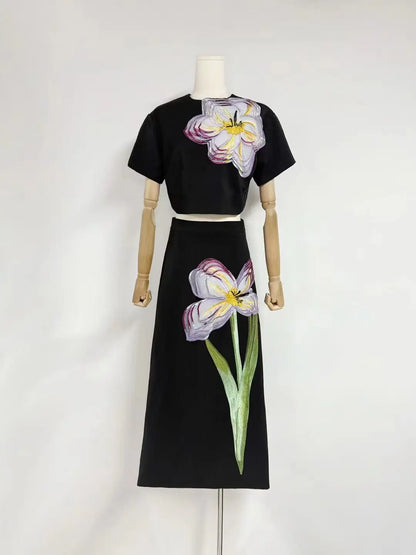 LGRQ 2025 New Summer Tound Neck Short Sleeves High Waist Printed Tshirt And A-line Long Skirt 2pcs