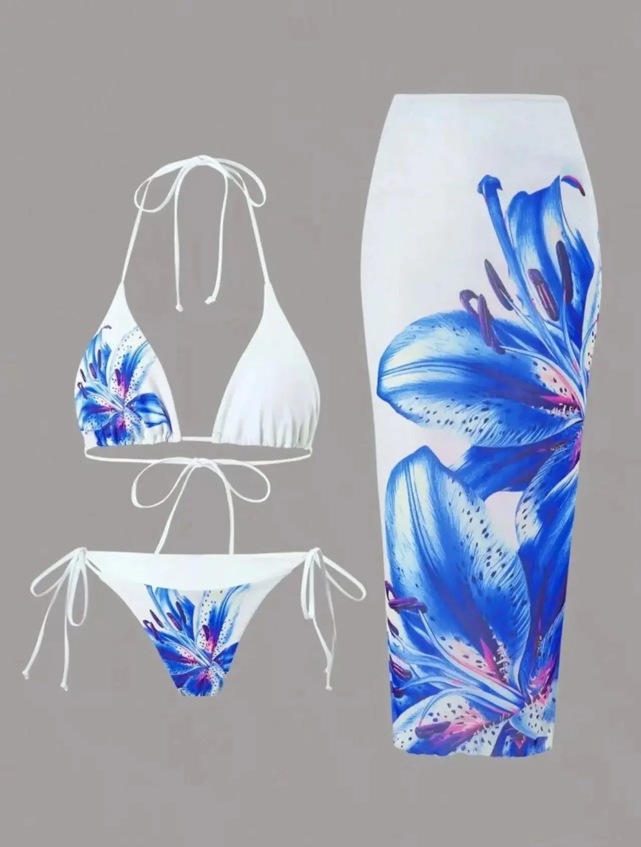 Costume da bagno a tre pezzi con stampa sexy Charms Lilies, set bikini in edizione limitata, attraente, sensuale, alla moda, abbigliamento femminile.