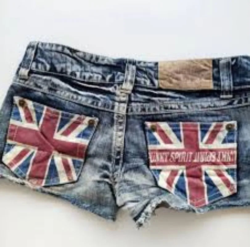 British street Y2K female rider motorcycle hot melt printed shorts retro spice girls sexy wash jeans shorts low waist mini skirt