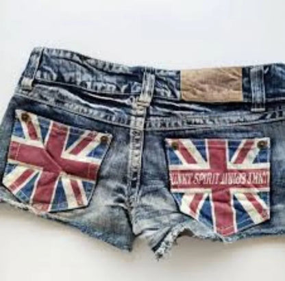 Motociclista britannica Y2K, pantaloncini stampati hot melt, pantaloncini in jeans sexy stile Spice Girls, minigonna a vita bassa