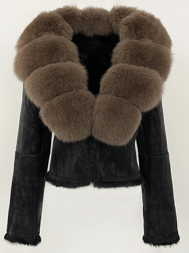 OFTBUY Fashion Short Natural Fox Fur Collar Coat Female New Autumn Winter Fur Clothing Real Rabbit Fur Liner Suede Jacket Women