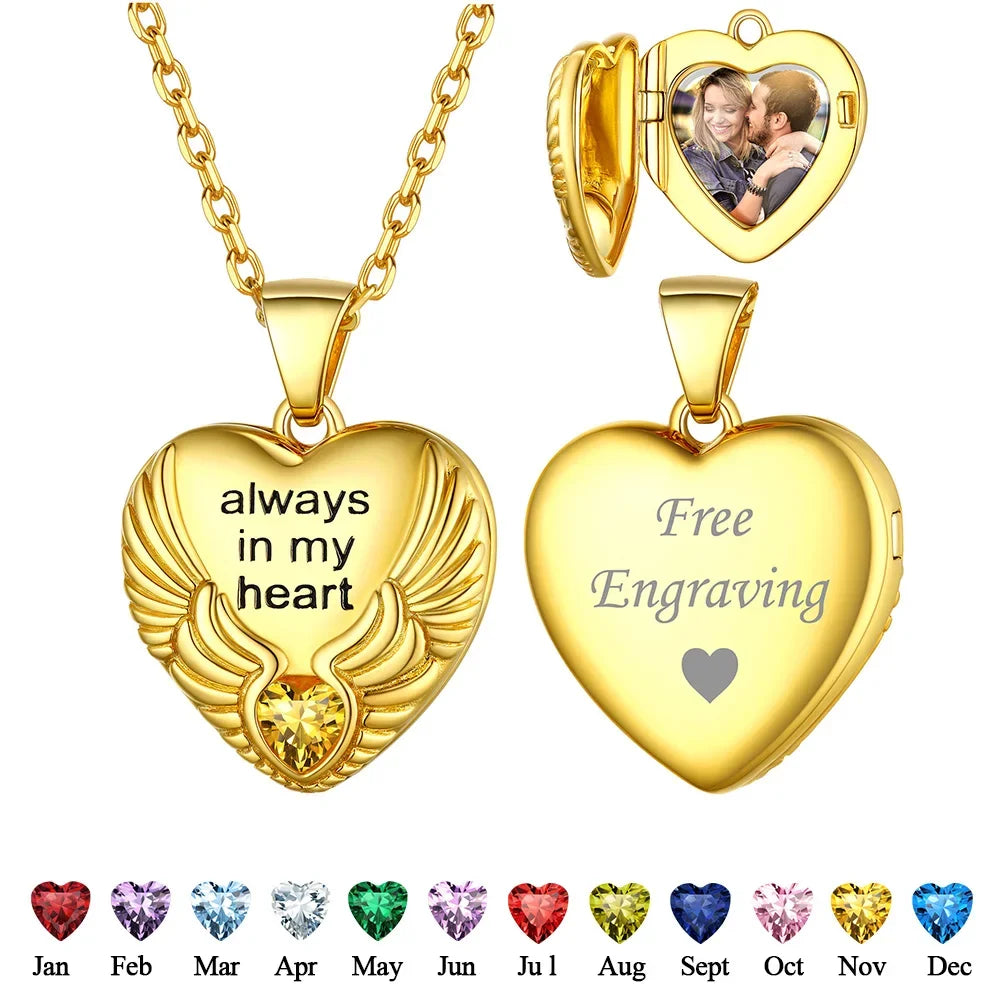 Ciondolo a forma di cuore con ali d'angelo in argento 925 U7 con pietre portafortuna, collana con ciondolo portafoto personalizzato per donna, gioiello commemorativo con foto di famiglia.