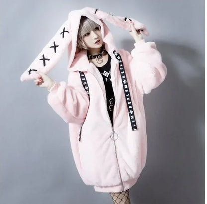 Cappotto viola in pelliccia stile Harajuku giapponese per donna, collezione inverno 2023, nuovo cappotto felpato di media lunghezza con cerniera, stile dark punk.
