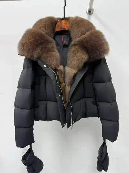 Cappotto in piumino d'oca con collo in pelliccia di volpe naturale, giacca di lusso in pelliccia, parka casual caldo da donna, giacca imbottita in vera pelliccia
