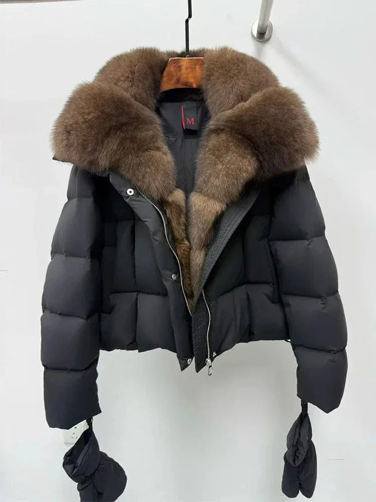 Natural Fox Fur Collar Goose Down Coat Luxury Reality Fur Jacket Huge Women Casual Warm Parka Real Fur Outwear Puffer Jacket