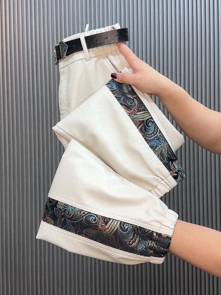 Pantaloni in pelle a vita alta da donna per autunno/inverno, modello ampio e aderente, stile cinese, gamba dritta, pantaloni casual in ecopelle.