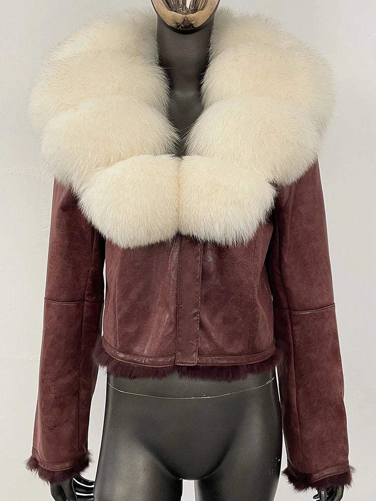 OFTBUY Fashion Short Natural Fox Fur Collar Coat Female New Autumn Winter Fur Clothing Real Rabbit Fur Liner Suede Jacket Women