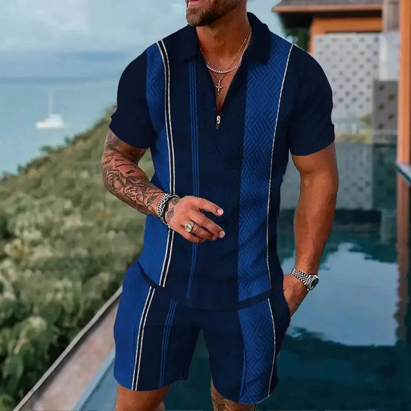 Completo estivo vintage casual a righe con stampa 3D, composto da polo, polo con cerniera e colletto, pantaloncini con cerniera, stile vacanze hawaiane da uomo.
