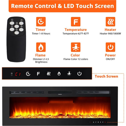 Caminetto elettrico a parete da 40/50/60 pollici, 220 V 1500 W, due livelli di riscaldamento, 12 modalità di colore LED 3D ed effetto fiamma realistico.