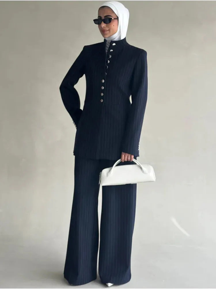 VTKW 2026 Nuovo arrivo da donna blu navy a righe con colletto alla coreana, blazer monopetto, tasche, pantaloni a gamba larga, set casual da ufficio