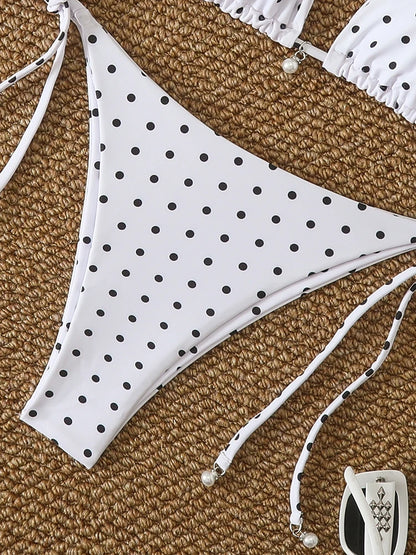 Set di micro bikini sexy con stampa a pois e perle, costume da bagno 2026, abbigliamento da spiaggia per donna, bikini estivo da spiaggia, costume da bagno a due pezzi