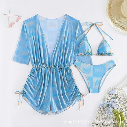 Conservative Leaf Print Bikini Three Piece Set Waist Cinching String Sports Style Beach Swimsuit High Elasticity Polyester