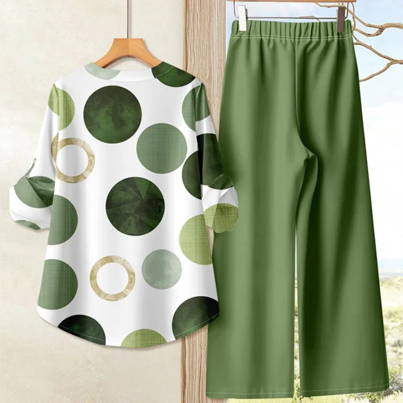 Completo casual da donna autunno 2025, top ampio a maniche lunghe stampato alla moda abbinato a pantaloni larghi in tinta unita, set da due pezzi
