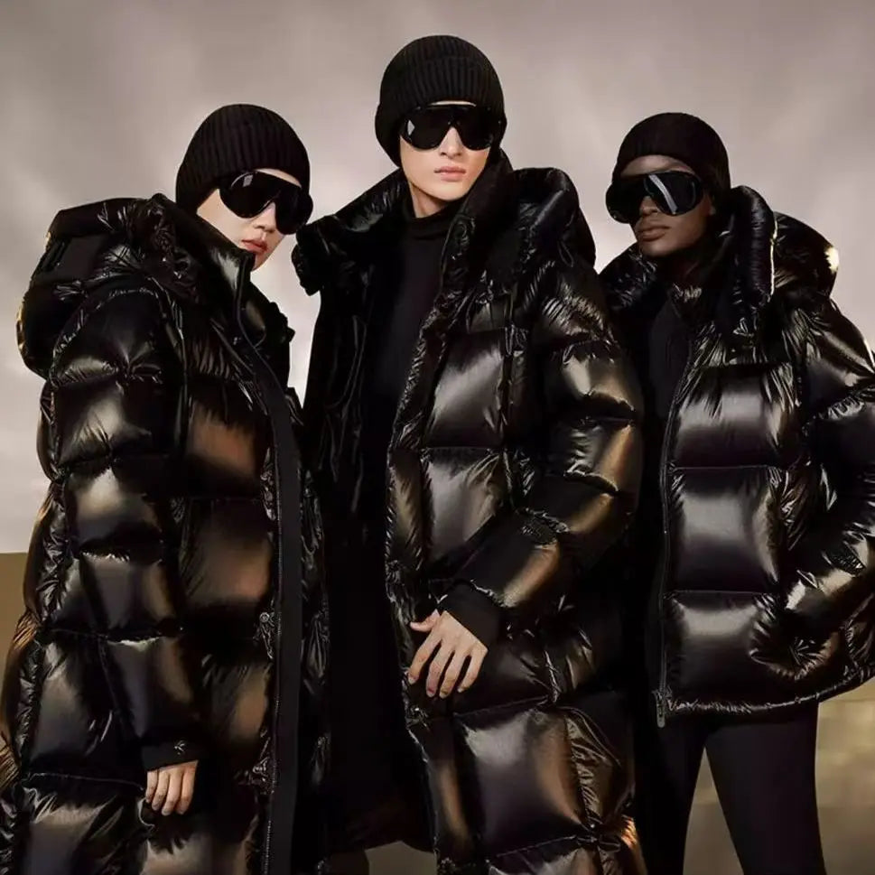 Nuovo stile di piumino invernale per uomo e donna, giacca casual ampia nera per coppie, parka con cappuccio a maniche extra lunghe e spessa