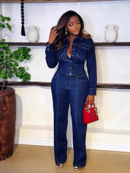 Streetwear Denim 2 Piece Sets Women Outfit Autumn Clothing Women Jean Shirt Top and Straight Jeans Pants Sets Casual Tracksuits