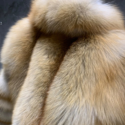 # Giacca in pelliccia di volpe dorata da donna, cappotto corto in vera pelliccia di volpe, manica lunga, in tessuto di pelliccia naturale con colletto