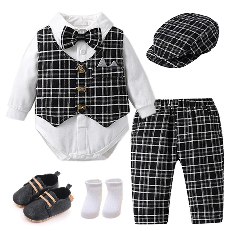 Abbigliamento da gentiluomo per neonati: gilet a quadri, cappello, pantaloni, body bianco, set da 7 pezzi per matrimonio, abito formale da boutique per neonato.