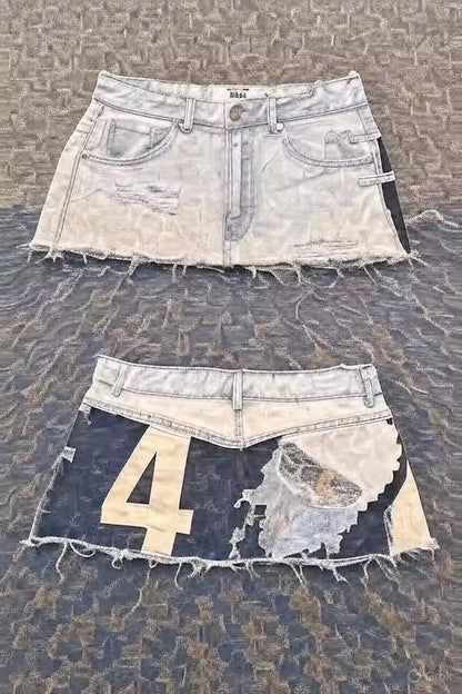Hot Sweet Sexy Girl Denim Mini Skirt Y2K Women Hip Hop Ripped Digital Mesh Design Baby Shorts High Waisted Slim Fit Mini Skirt