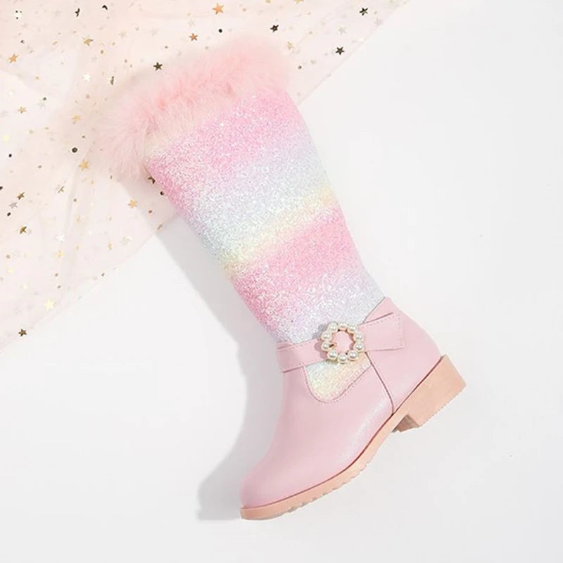 Nuovi stivali rosa da bambina per l'autunno/inverno 2023, modello principessa arcobaleno, lunghezza al ginocchio, con pelliccia sintetica.
