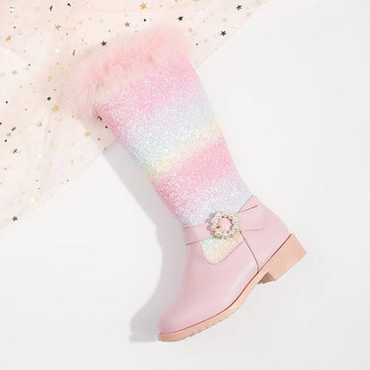 Nuovi stivali rosa da bambina per l'autunno/inverno 2023, modello principessa arcobaleno, lunghezza al ginocchio, con pelliccia sintetica.