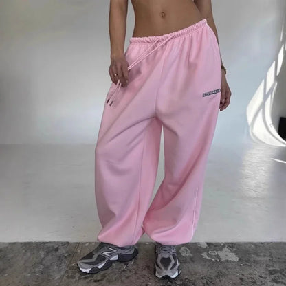 Casual sports pants Y2K American pink retro hip-hop women's fashion loose slow-leg running pants high-waisted wide-leg pants