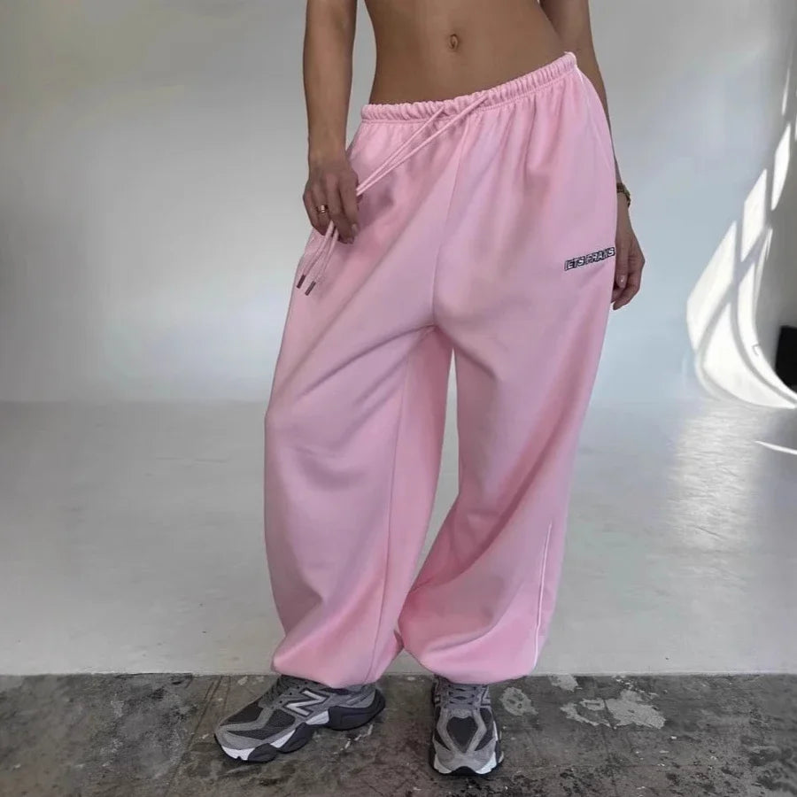 Casual sports pants Y2K American pink retro hip-hop women's fashion loose slow-leg running pants high-waisted wide-leg pants