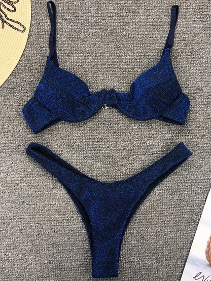 Bikini a V con ferretto e glitter scintillanti da donna, costume da bagno brasiliano a due pezzi, costume da bagno a triangolo.