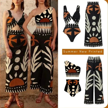 Sexy Bird Print Mesh High Waist Bikini 3 Pieces Sets Women Fashion Hollow Out One Pieces Swimwear 2024 New Beach Sarong Monokini