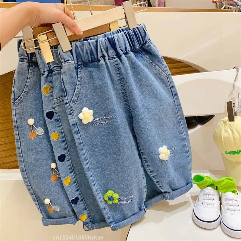Jeans ricamati con fiori per bambina, jeans per bambini, pantaloni per bambina, pantaloni a gamba larga Daduhey, pantaloni harem, pantaloni per vestiti