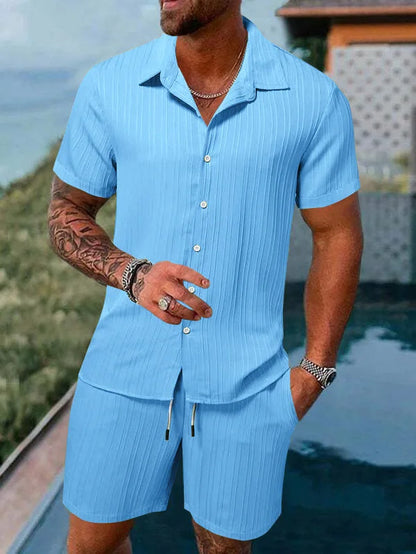 Completo estivo da uomo europeo e americano, casual, ampio, con camicia e pantaloncini, ad asciugatura rapida e traspirante, perfetto per le vacanze.