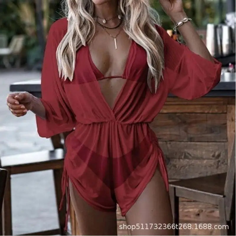 Conservative Leaf Print Bikini Three Piece Set Waist Cinching String Sports Style Beach Swimsuit High Elasticity Polyester