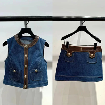 Women's Denim Patchwork Leather Round Neck Sleeveless Vest A-Line Short Skirt Set Women's 25 Early Autumn New Item