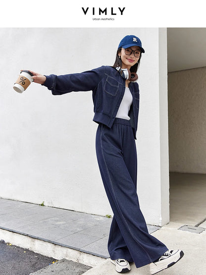 VIMLY Set di pantaloni primaverili da donna in due pezzi 2025 Abiti casual Giacca corta Pantaloni a gamba larga Novità Set coordinato Abbigliamento femminile 387