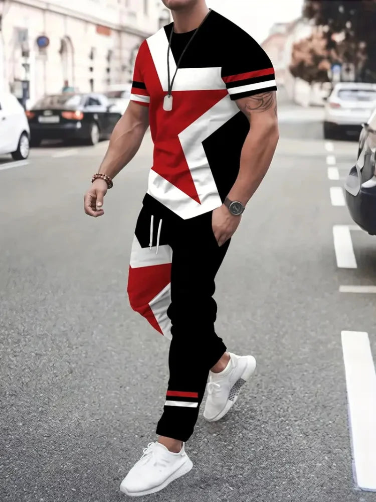 Abstract Zipper 3D Printed Men's Casual Thin Short-sleeved Long Pants Set, Urban Street Casual Fashion Men's 2pcs Long Pants Set