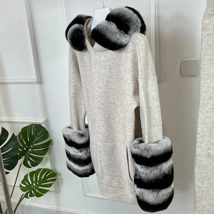 Maglione in cashmere da donna con polsini in vera pelliccia di coniglio, abito invernale caldo in lana, maglione di lusso in pelliccia di coniglio naturale