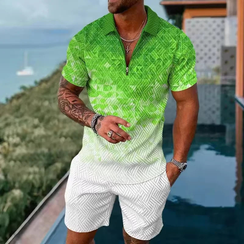Completo da uomo composto da polo con cerniera, tinta unita, stampa 3D sfumata, colletto polo e pantaloncini. Abbigliamento estivo oversize per le vacanze alle Hawaii.