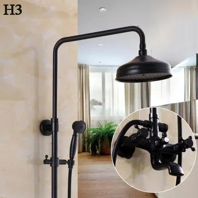 Bathroom Antique Black Painting Brass Lifting Column Wall Mount Shower Set 8" 3-Functions Hot Cold Rainfall Shower Mixer Tap