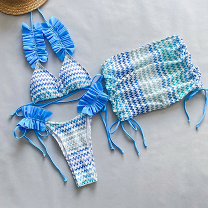 Three-piece set 2025 new bikini women's printed bikini swimsuit beach split swimsuit