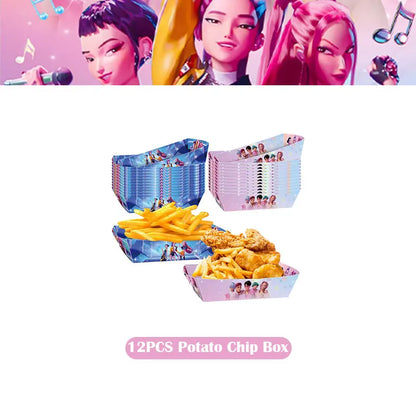 Kpop Demon Hunter Birthday Decoration Set Kpop Girl Cup Pate Happy Balloon Happy Banner Gift Bags Supplies for Kids Party Favors