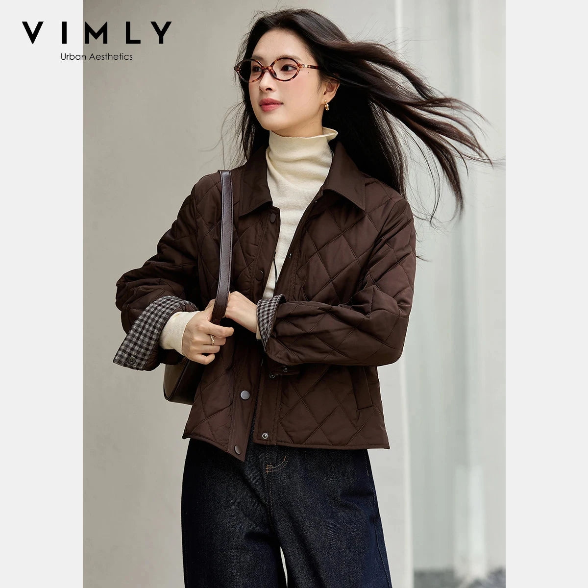 VIMLY Women's Vintage Diamond Quilted Puffer Coat 2025 Winter Oversized Polo Neck Parkas Plaid Spliced Cuff Lady Outwear A2796