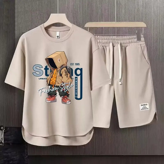 Completo estivo da uomo color kaki, stile americano, con t-shirt e pantaloncini stampati a cartoni animati, set di 2 pezzi, maglia a nido d'ape traspirante, abbigliamento sportivo da uomo.