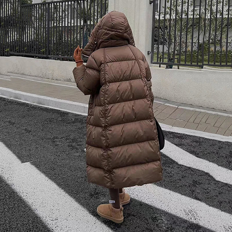 Winter Thicken Long Hooded Down Jacket Women White Duck Down Parker Knee Length Jackets Female Warm Zipper Waterproof Outwears