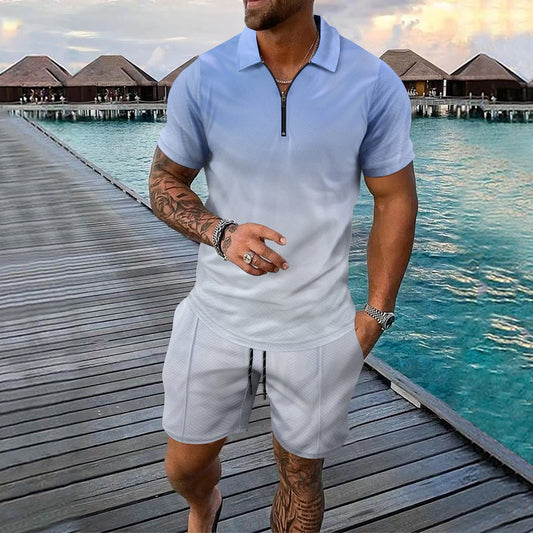 Interessante set da uomo a maniche corte con stampa a quadri 3D, camicia polo con cerniera alla moda, completo estivo ampio, set di t-shirt Ropa Hombre