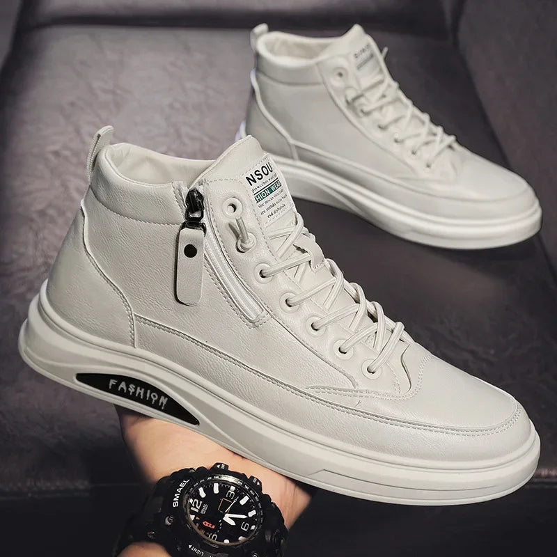 Nuove scarpe alte da uomo, scarpe casual comode in pelle con lacci, scarpe da skate alla moda, stivali da uomo impermeabili e di tendenza, Zapatos Homme