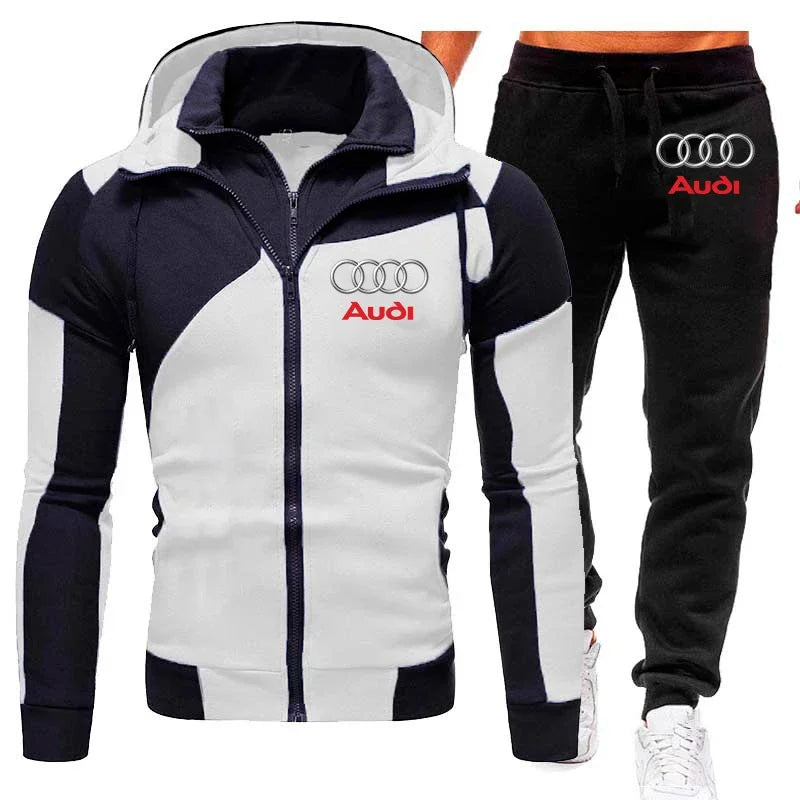 Tuta sportiva con logo Audi, set di 2 pezzi in pile caldo, felpa con cappuccio + pantaloni, tuta sportiva Audi da uomo