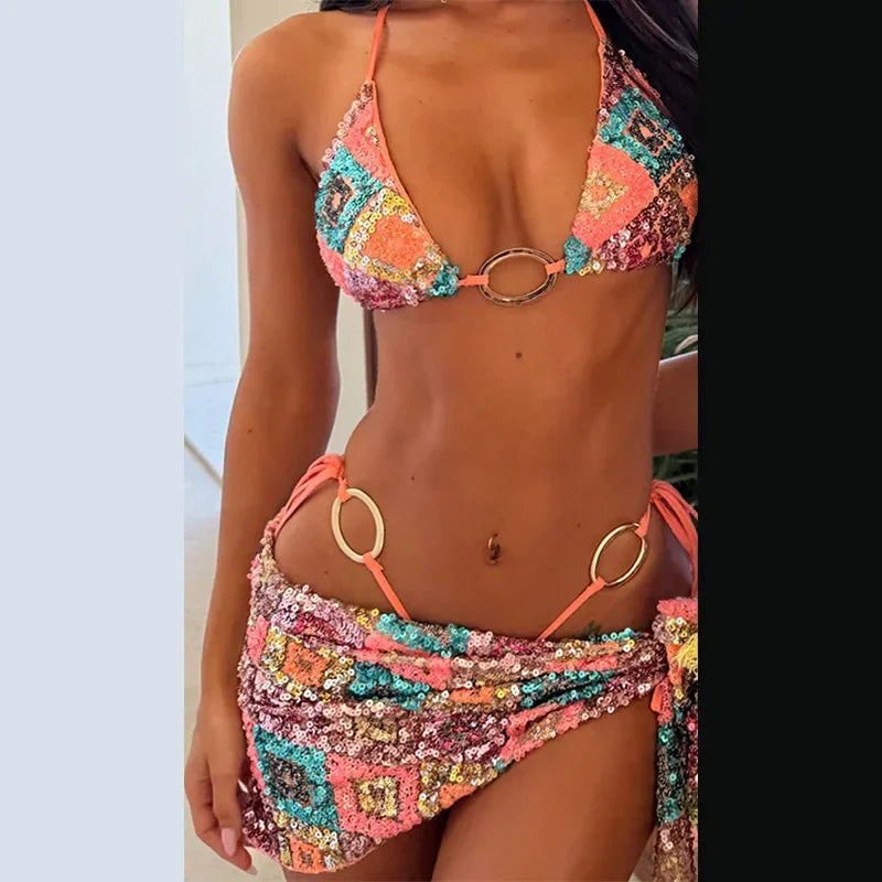 Sexy Sequin Bikini Skirt Sets Women Fashion Holiday Lace Up Top Ribbon Mini Skirts Female 2025 Summer Beach Lace Up Suits Lady