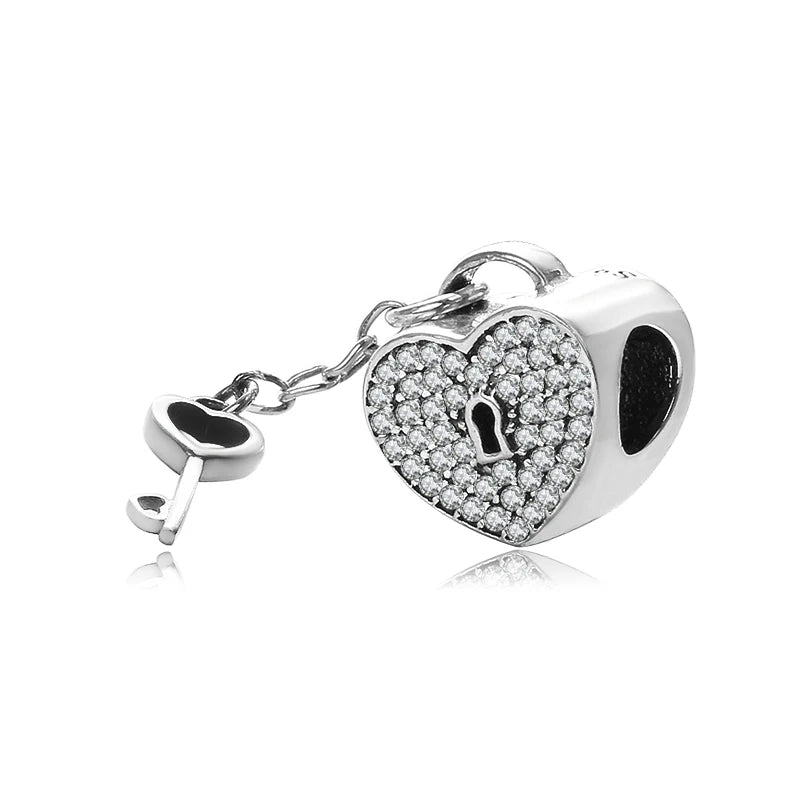 100% autentico argento sterling 925, cuore rosa, perline di zirconi trasparenti, compatibile con i charm europei originali, braccialetti e creazione di gioielli