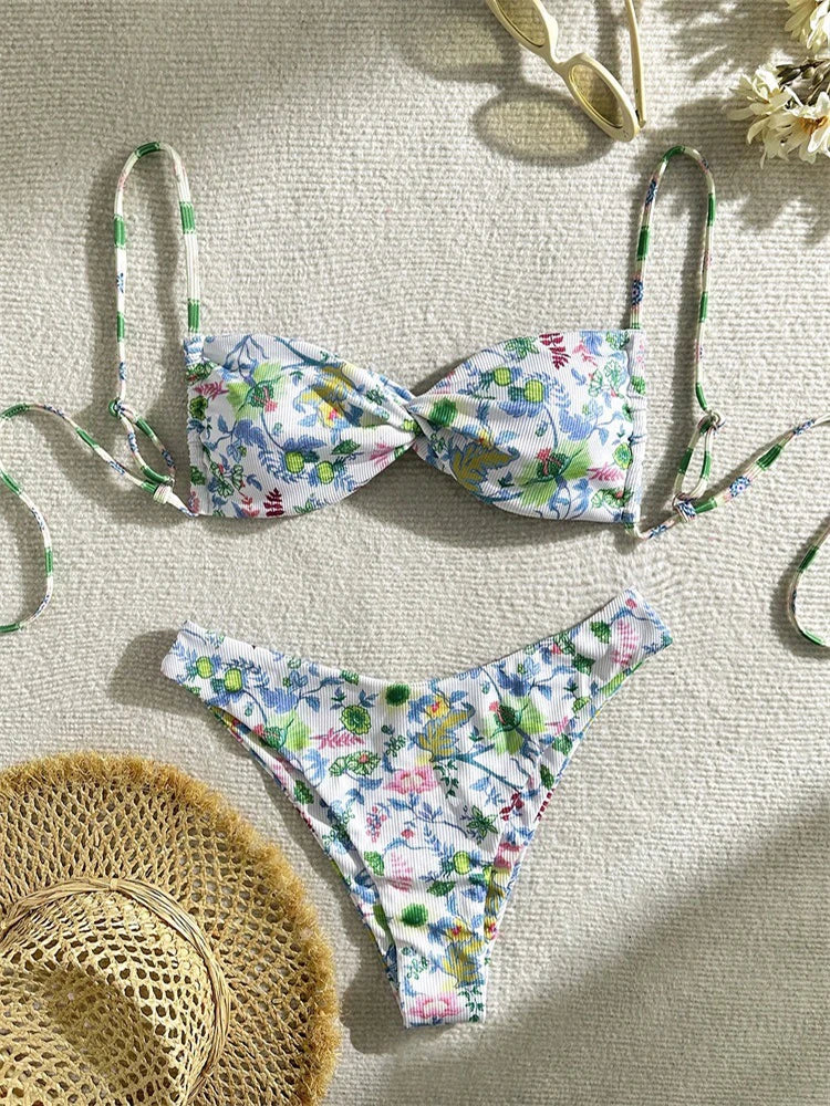 Costume da bagno stampato Circyy da donna, senza schienale, con lacci, abbigliamento da spiaggia alla moda, costume da bagno primaverile, estivo, nuovo costume da bagno sexy a due pezzi con spacco