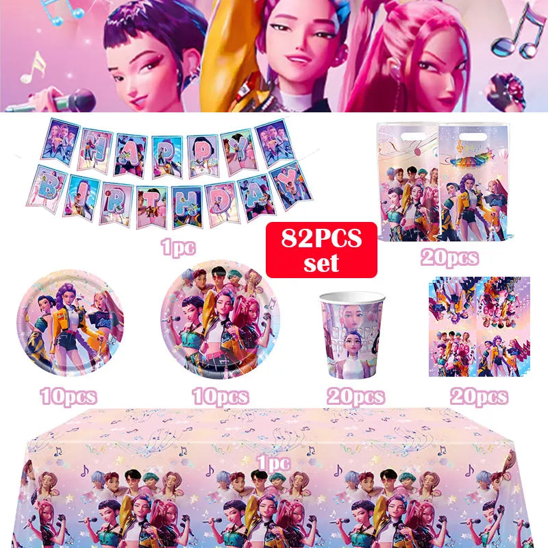 Kpop Demon Hunter Birthday Decoration Set Kpop Girl Cup Pate Happy Balloon Happy Banner Gift Bags Supplies for Kids Party Favors