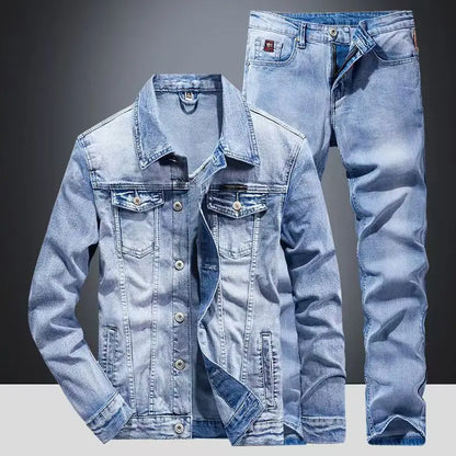 Completo primavera autunno con giacca e jeans in denim americano, jeans classici da cowboy, completi due pezzi alla moda, capospalla versatile, cappotto casual